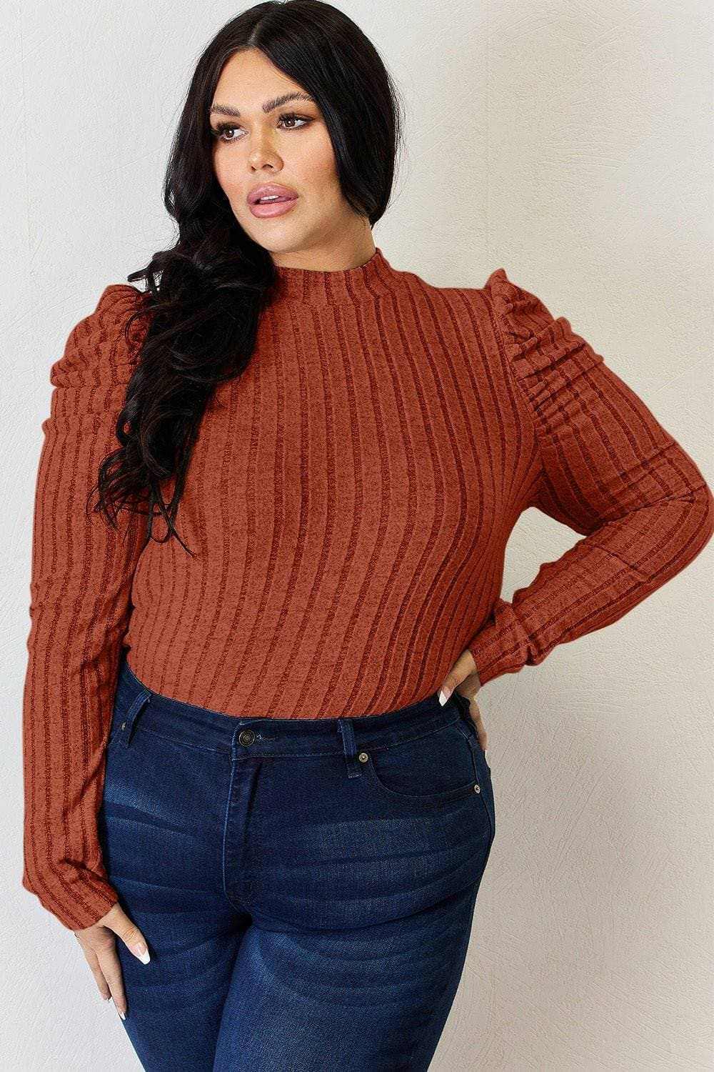 Women's Mock Neck Top Trendsi Women's Ribbed Mock Neck Puff Sleeve Top Long Sleeve