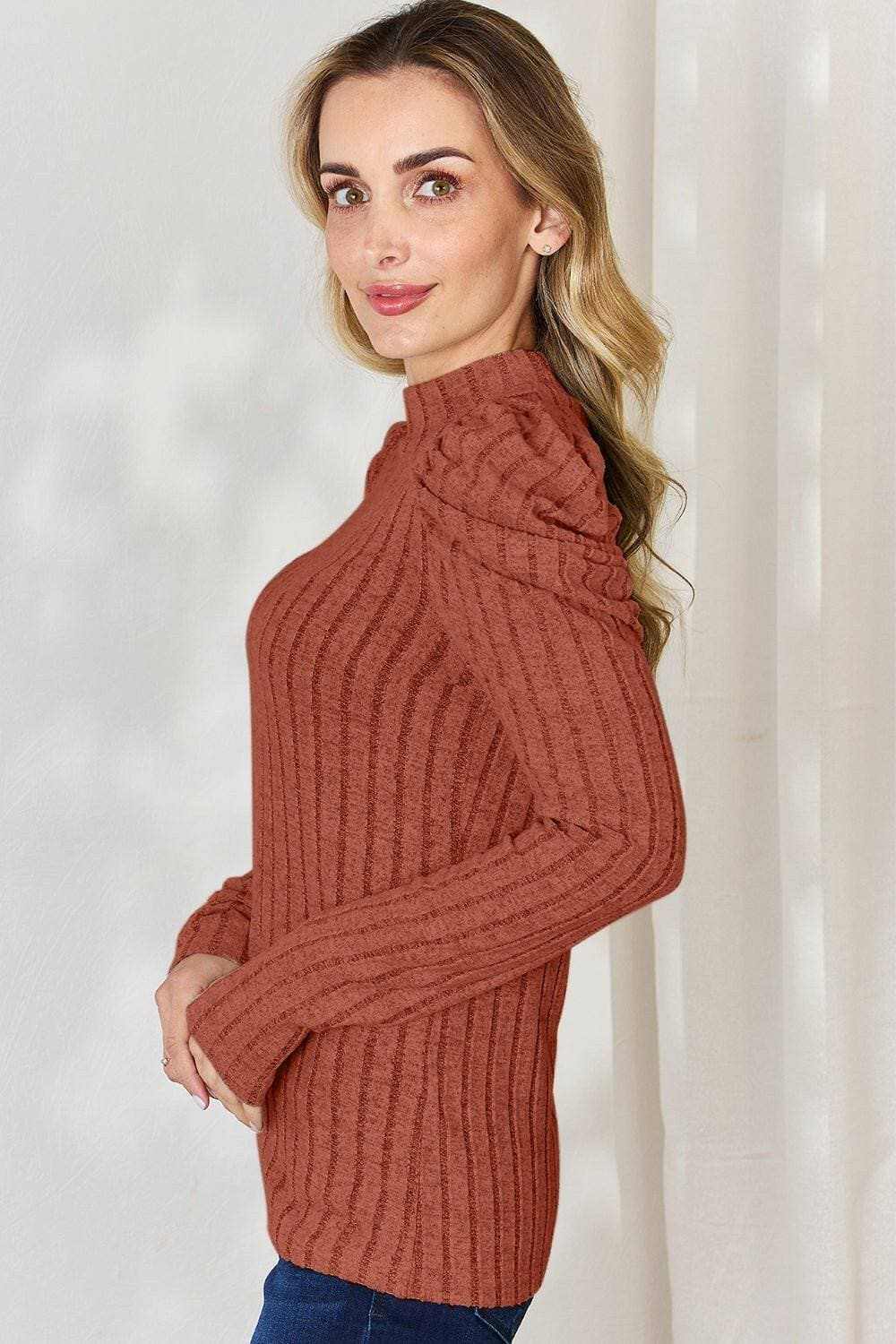 Women's Mock Neck Top Trendsi Women's Ribbed Mock Neck Puff Sleeve Top Long Sleeve
