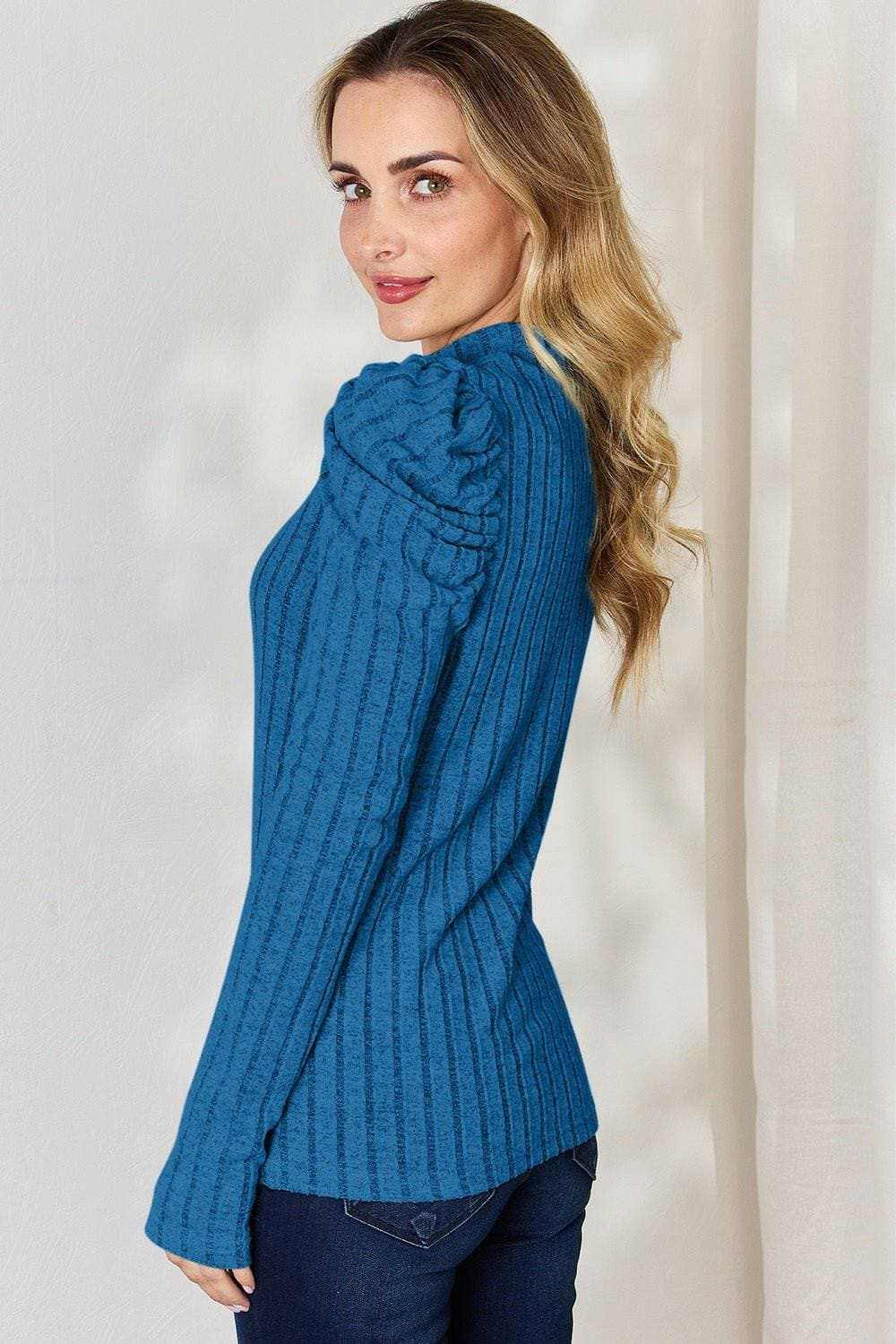 Women's Mock Neck Top Trendsi Women's Ribbed Mock Neck Puff Sleeve Top Long Sleeve