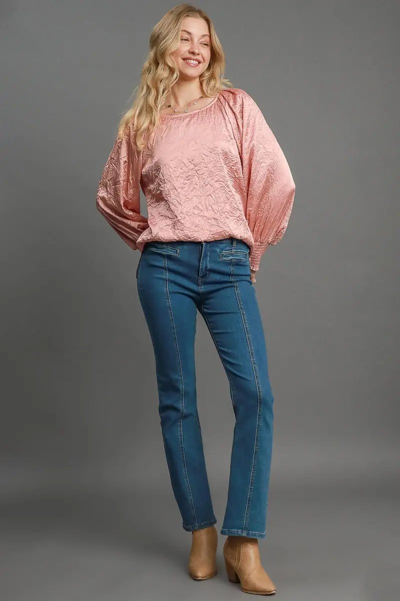 Trendsi Wrinkled Blouse Women's Casual Top Lantern Sleeve Shirt Comfy Fit
