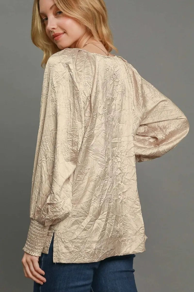 Trendsi Wrinkled Blouse Women's Casual Top USA Made Lantern Sleeve Shirt