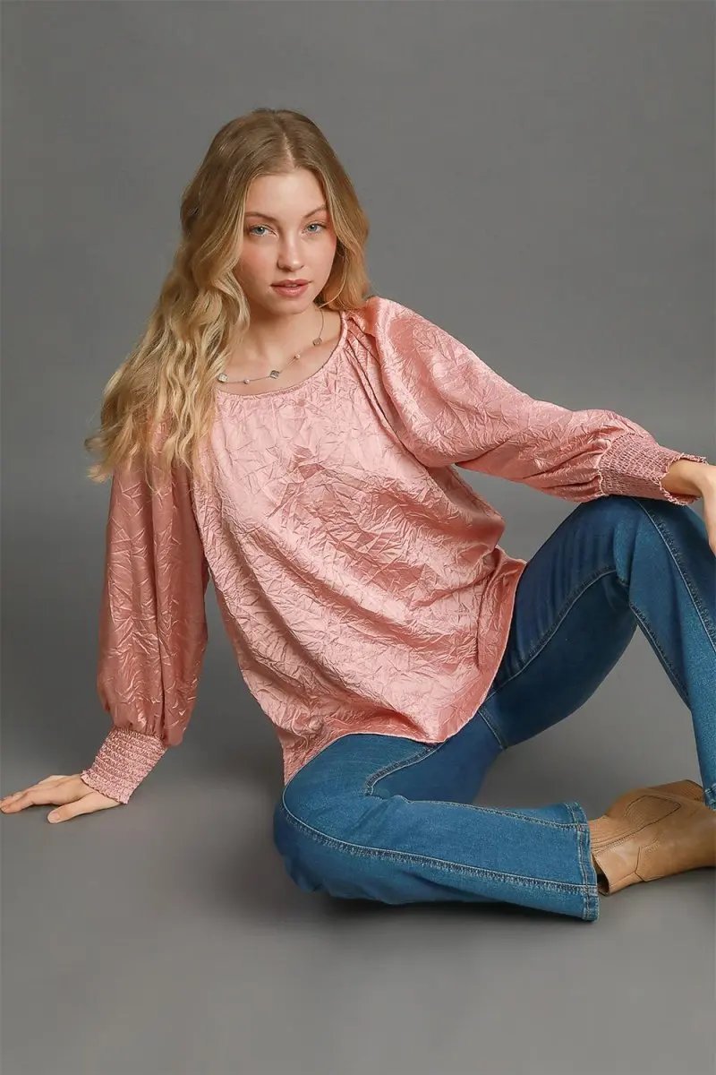 Trendsi Wrinkled Blouse Women's Casual Top Lantern Sleeve Shirt Comfy Fit