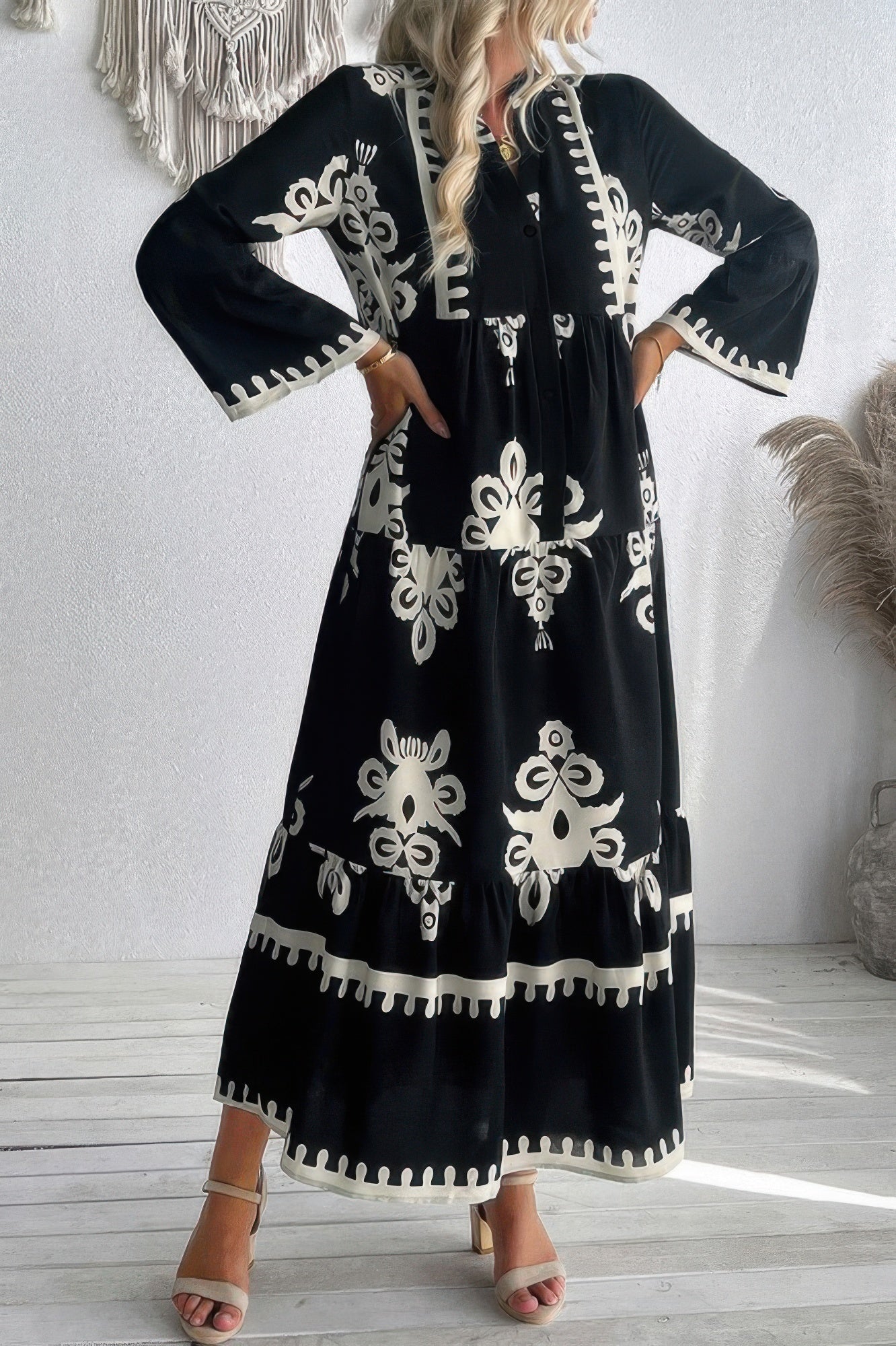 V Neck Stand Collar Button Floral Splicing Dress