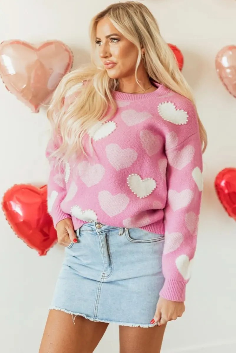 Sweaters Love Salve Pearled Heart Sweater Valentine's Day Women's Crew Neck Pullover - Soft & Cute
