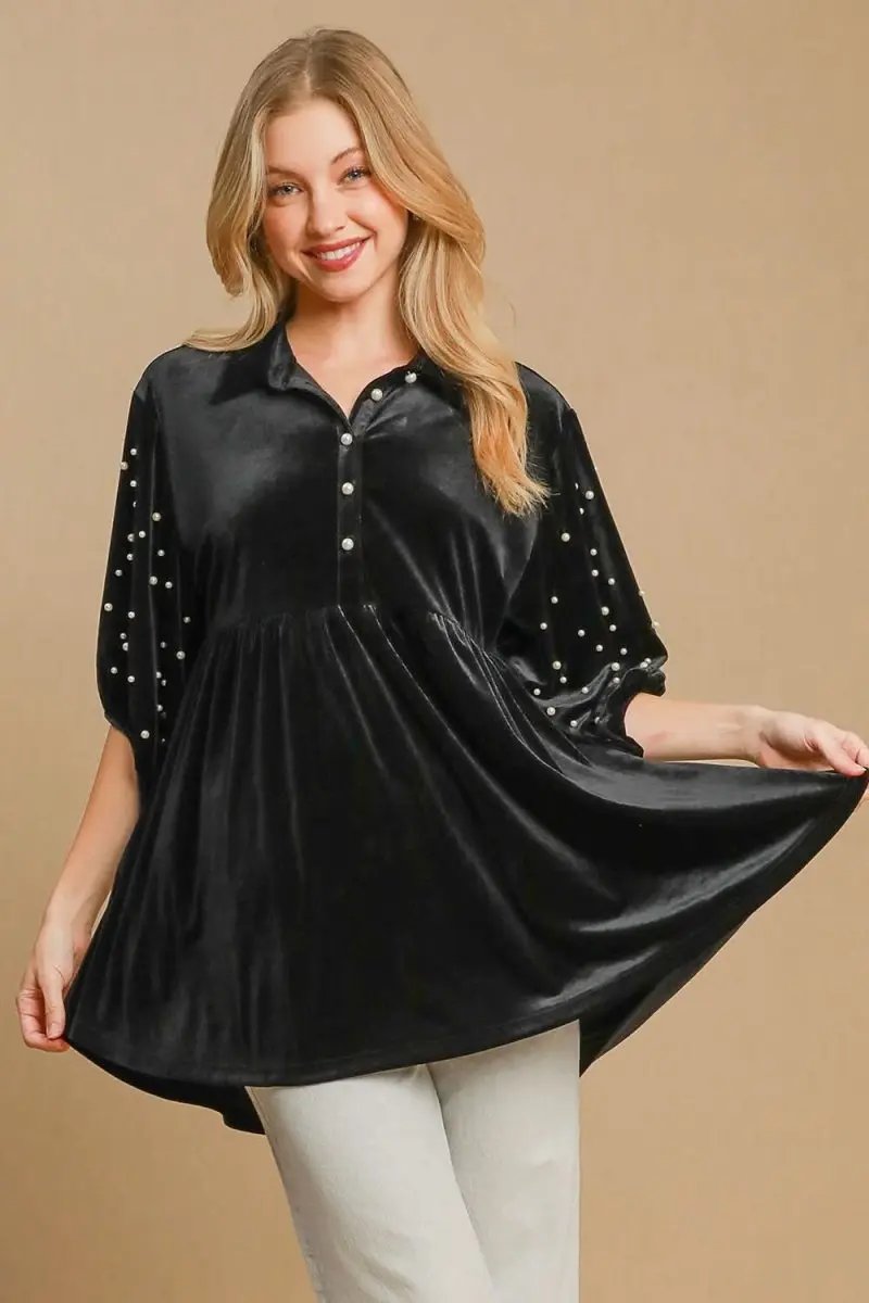 Accessories Trendsi Velvet Babydoll Blouse Women's Cute Top Pearl Accents Half Sleeve