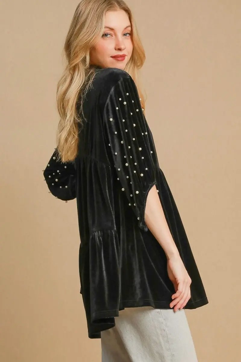 Accessories Trendsi Velvet Babydoll Blouse Women's Cute Top Pearl Accents Half Sleeve