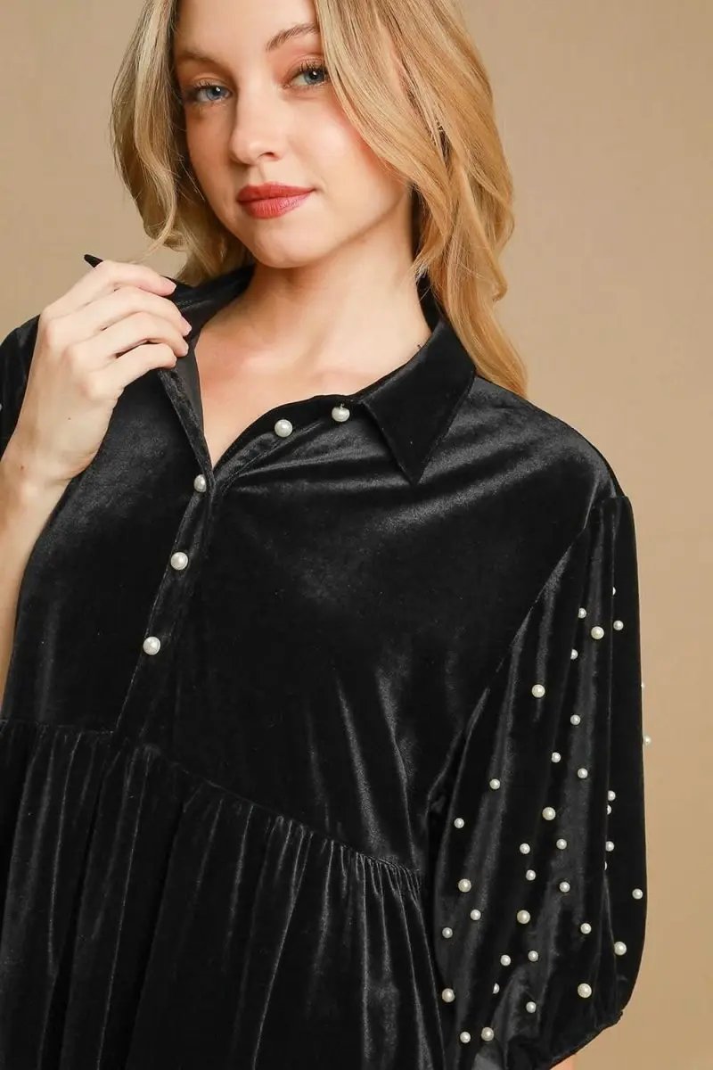 Accessories Trendsi Velvet Babydoll Blouse Women's Cute Top Pearl Accents Half Sleeve
