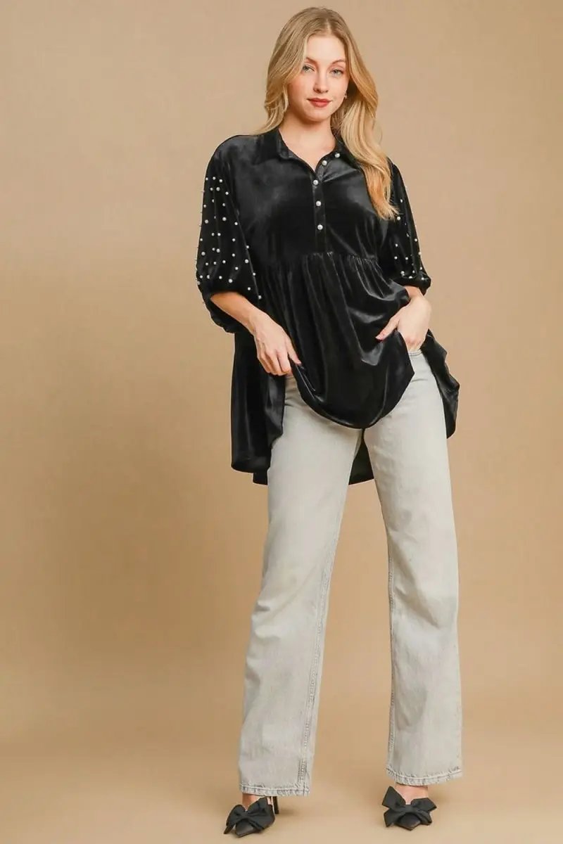 Accessories Trendsi Velvet Babydoll Blouse Women's Cute Top Pearl Accents Half Sleeve