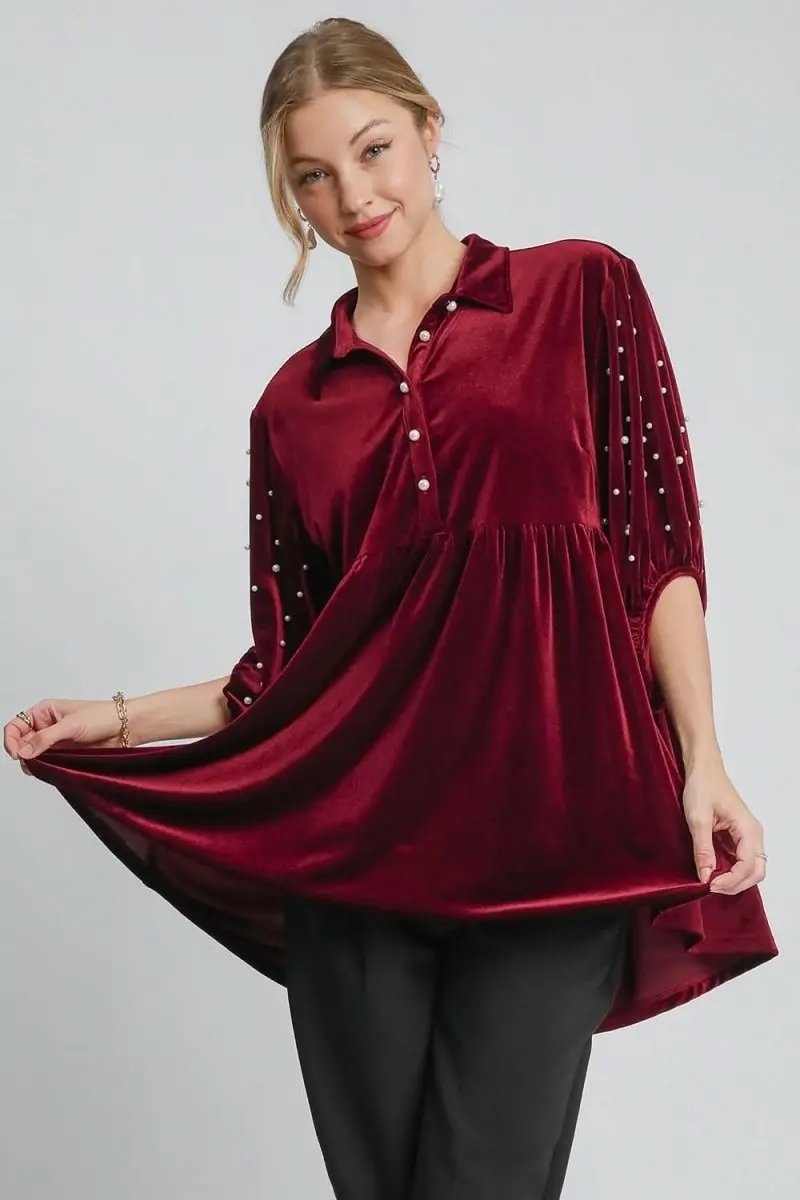 Pants Trendsi Velvet Babydoll Blouse Women's Casual Top Pearl Detail Collared Neck