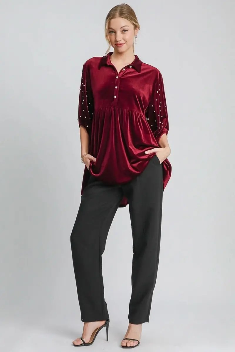Pants Trendsi Velvet Babydoll Blouse Women's Casual Top Pearl Detail Collared Neck