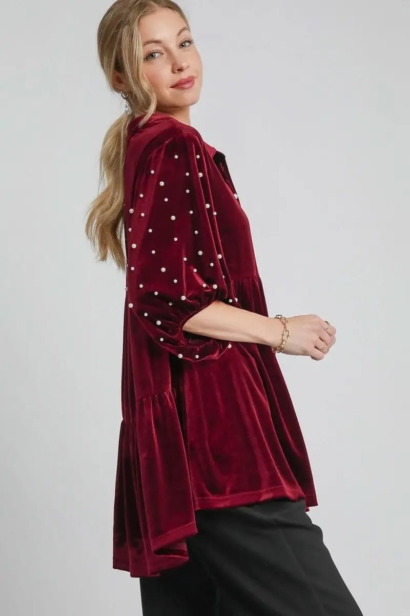 Pants Trendsi Velvet Babydoll Blouse Women's Casual Top Pearl Detail Collared Neck