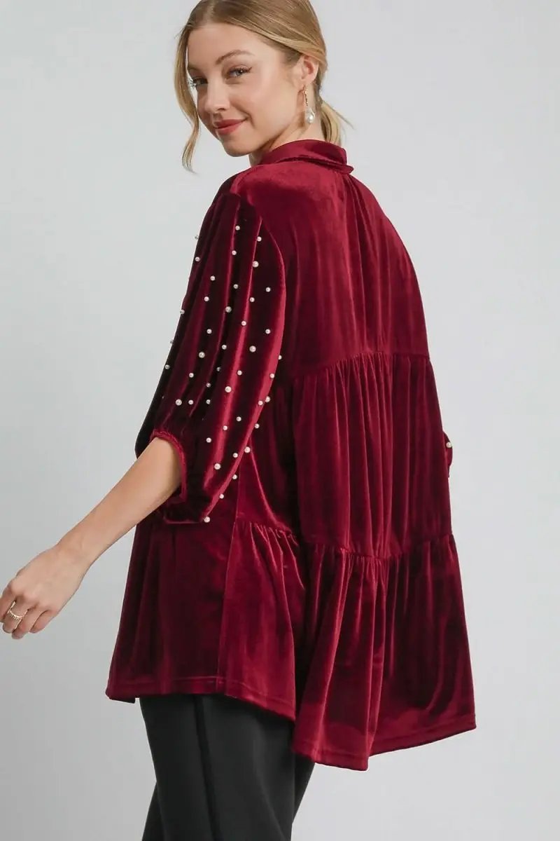 Pants Trendsi Velvet Babydoll Blouse Women's Casual Top Pearl Detail Collared Neck