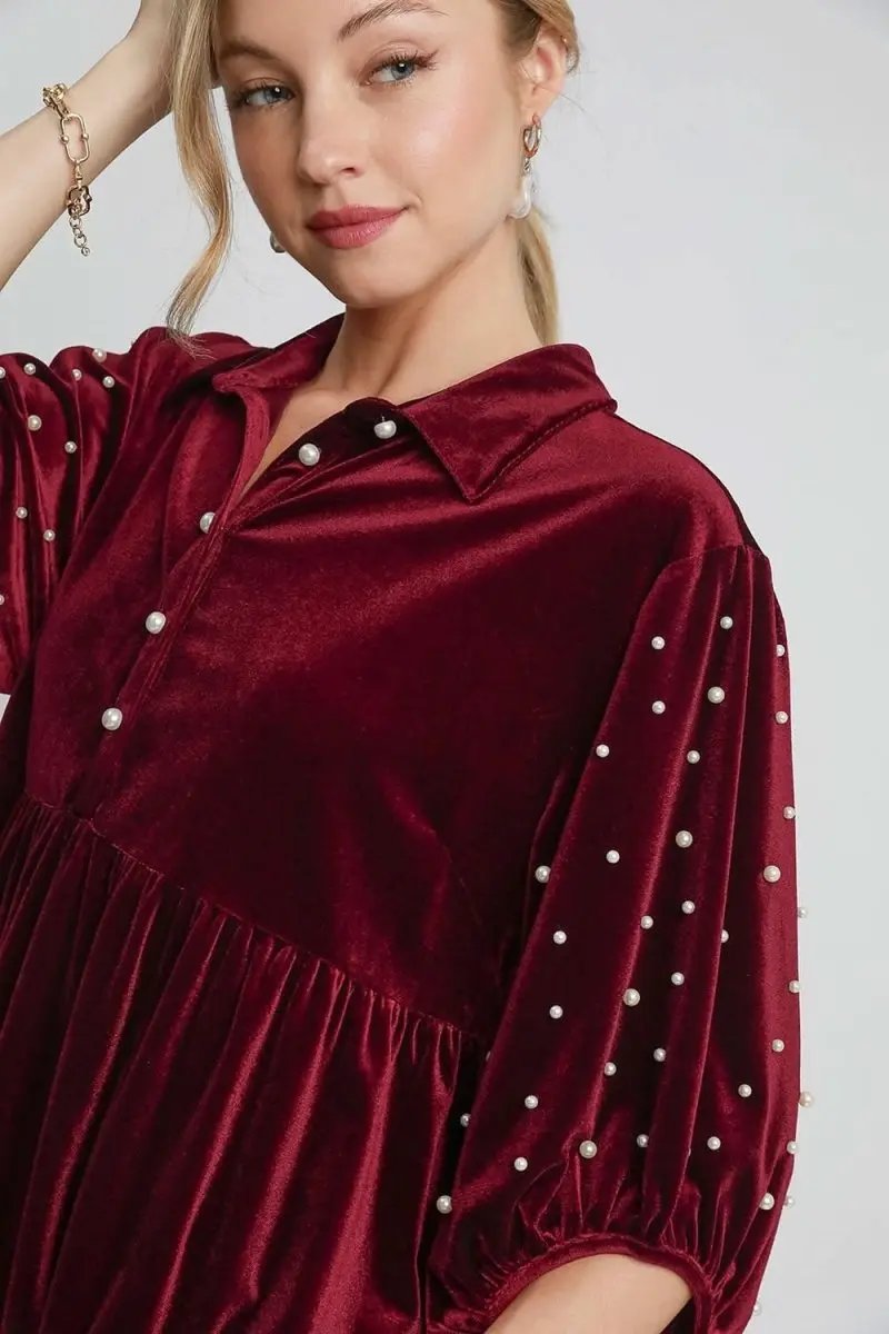 Pants Trendsi Velvet Babydoll Blouse Women's Casual Top Pearl Detail Collared Neck