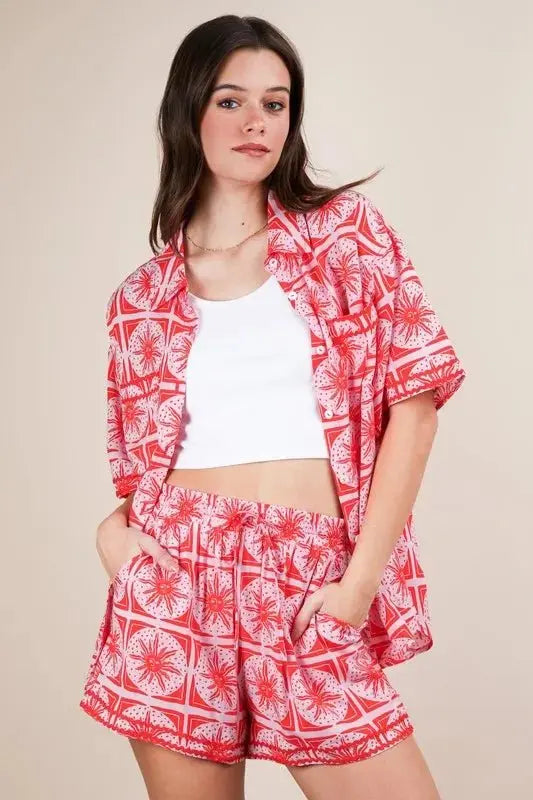 Women's Shirt & Shorts Set - Lightweight Plus Size - Tropical Print