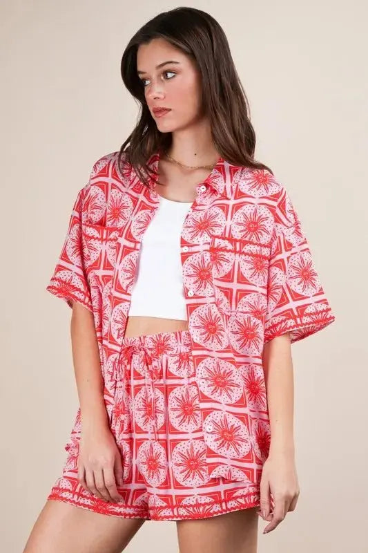Women's Shirt & Shorts Set - Lightweight Plus Size - Tropical Print