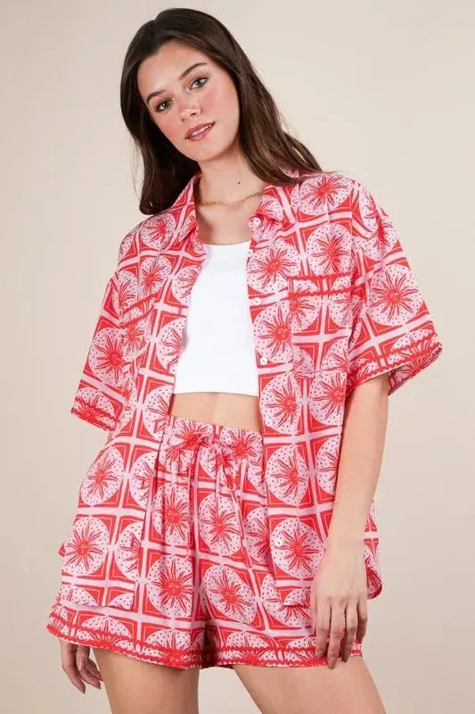Women's Shirt & Shorts Set - Lightweight Plus Size - Tropical Print