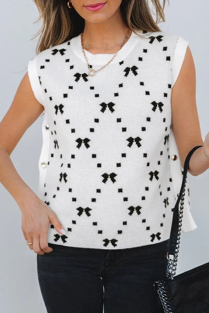 Love Salve White Bow Cropped Sweater Vest — Sleeveless Summer Top