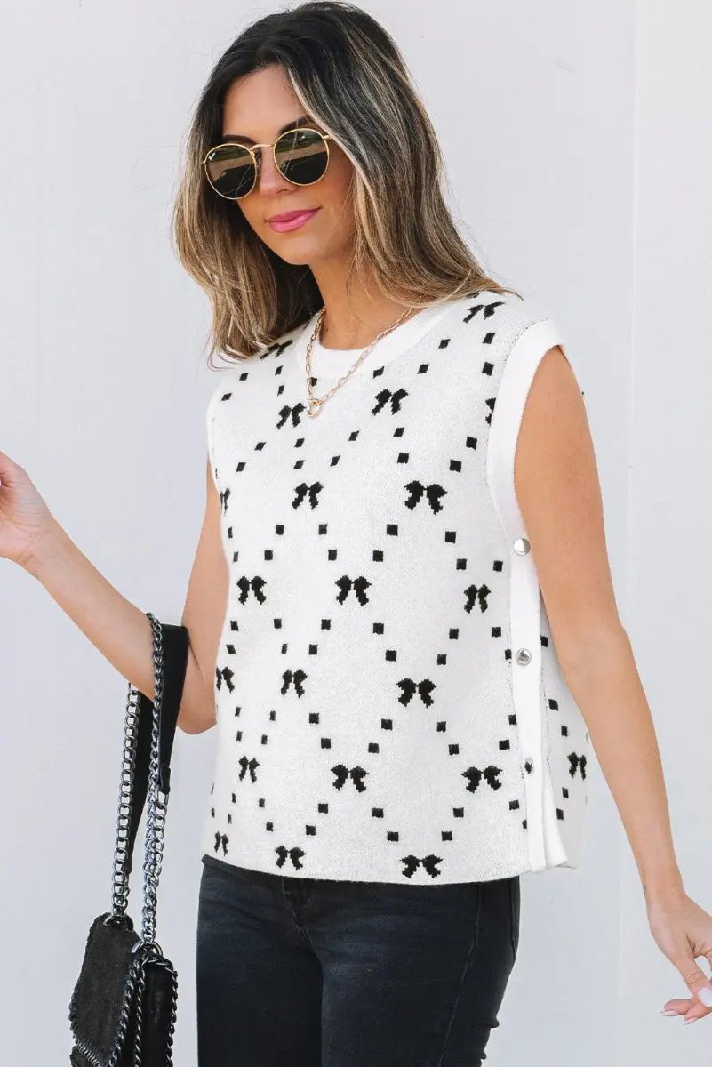 Love Salve White Bow Cropped Sweater Vest — Sleeveless Summer Top