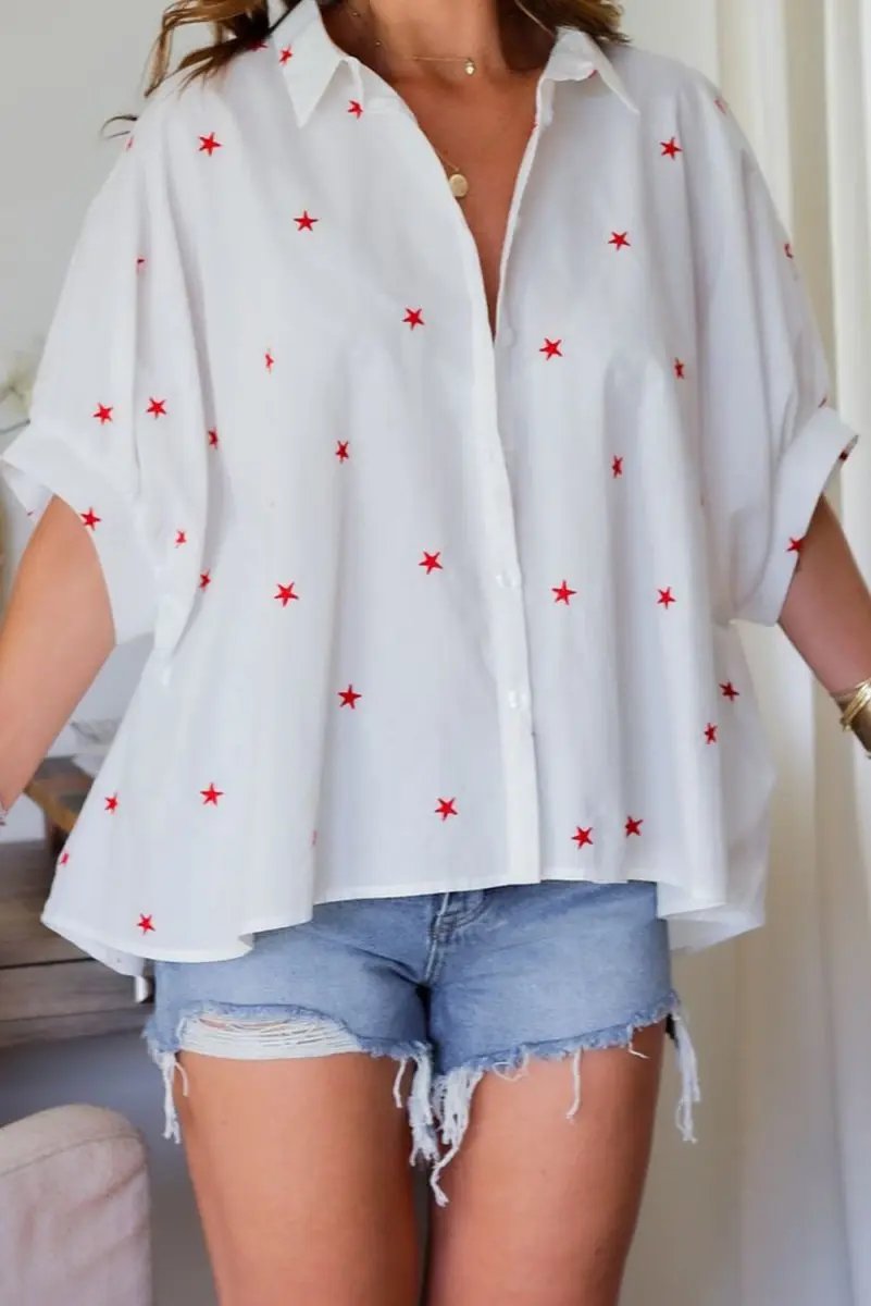 Accessories Love Salve White Star Print Shirt Women's Summer Casual Top Loose Fit