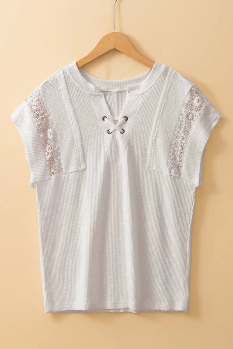 Accessories Love Salve White Ribbed Top Women's Daily Wear Tee: Lace Patchwork, Summer Casual