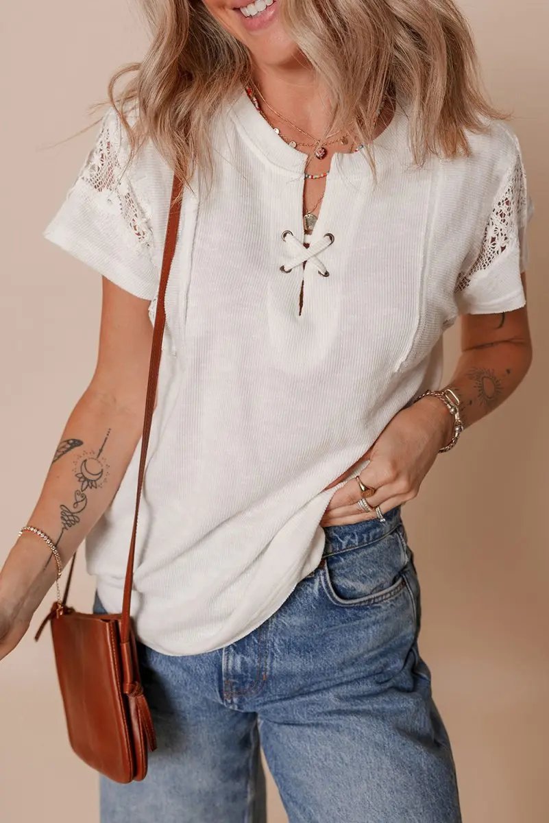 Accessories Love Salve White Ribbed Top Women's Daily Wear Tee: Lace Patchwork, Summer Casual