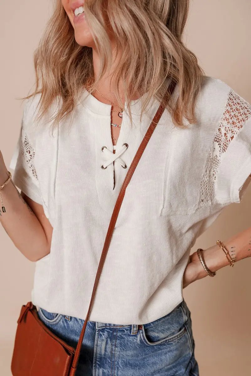 Accessories Love Salve White Ribbed Top Women's Daily Wear Tee: Lace Patchwork, Summer Casual