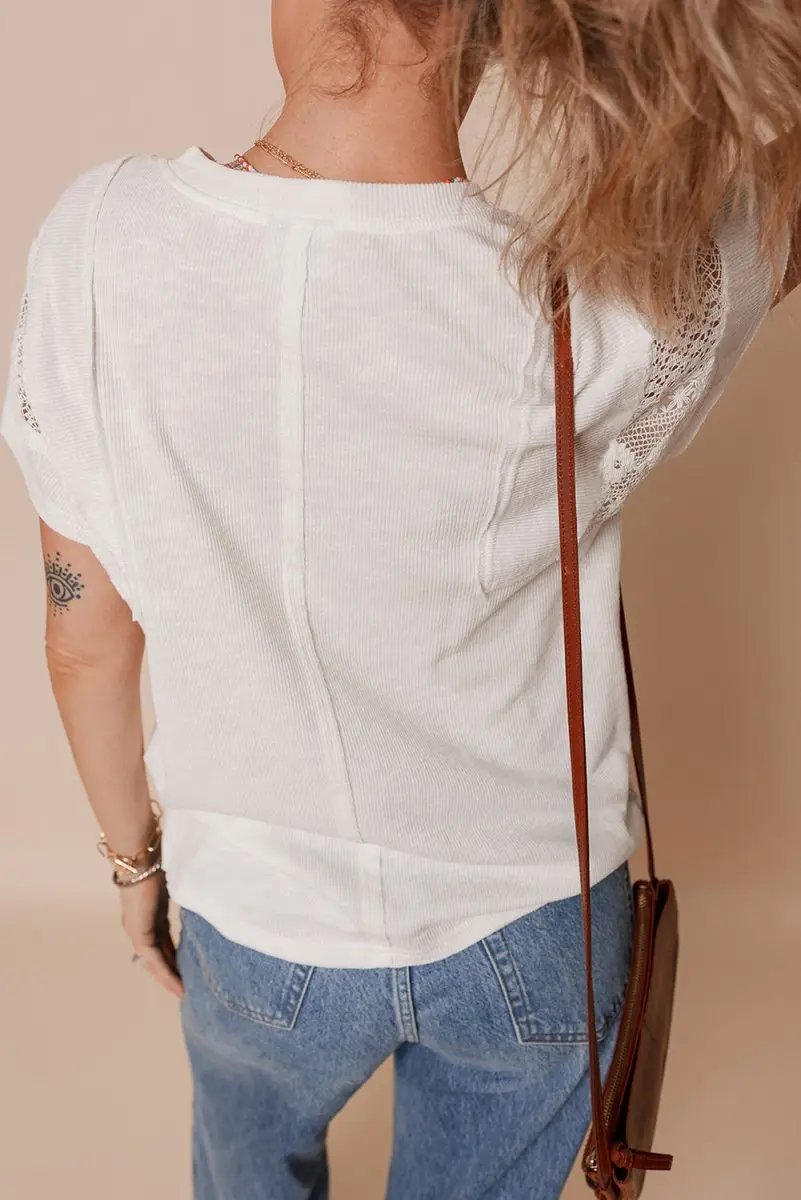 Accessories Love Salve White Ribbed Top Women's Daily Wear Tee: Lace Patchwork, Summer Casual