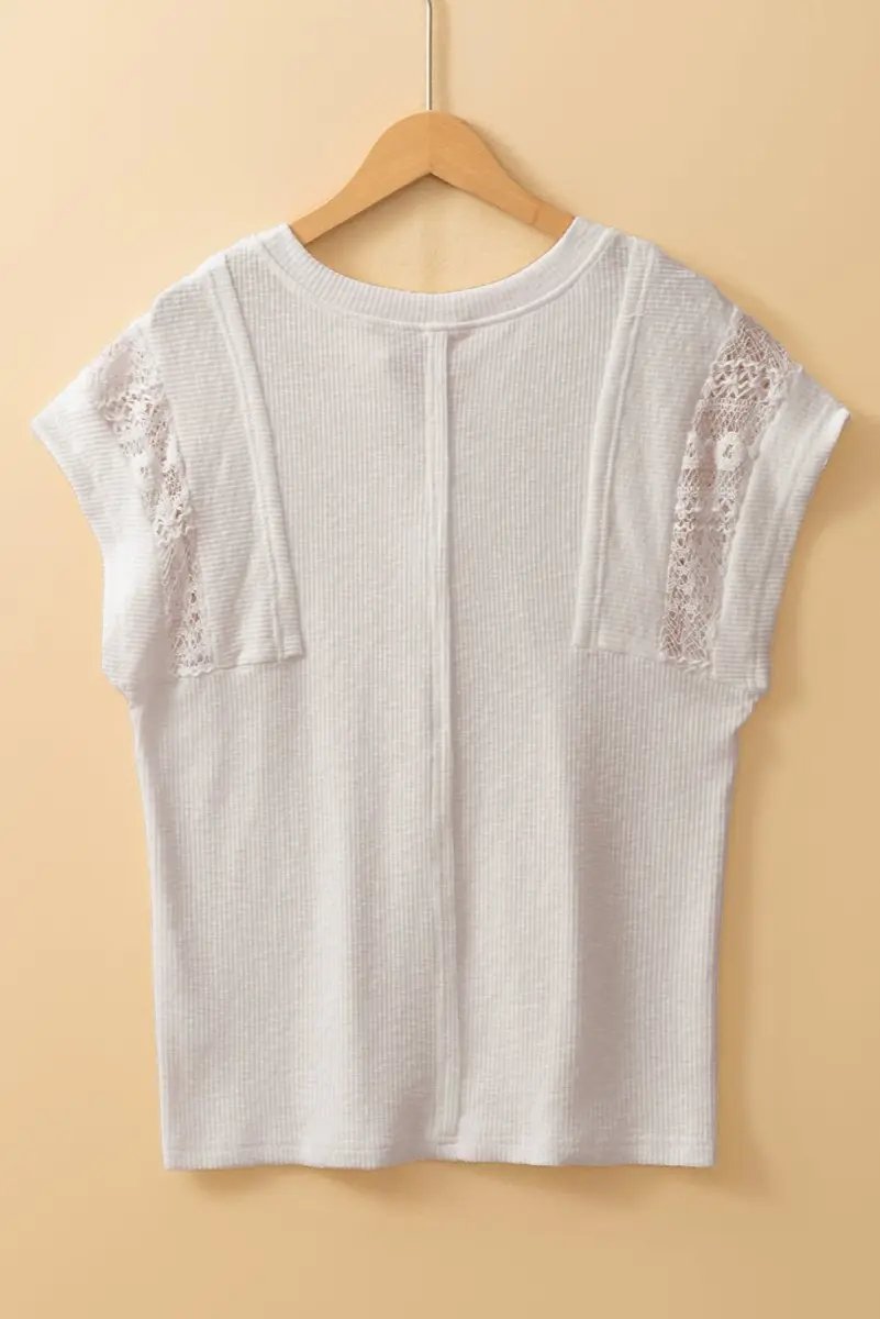 Accessories Love Salve White Ribbed Top Women's Daily Wear Tee: Lace Patchwork, Summer Casual
