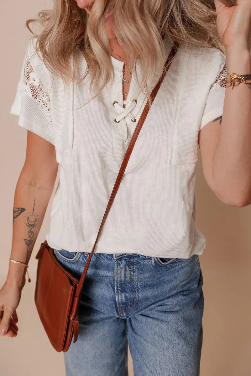 Accessories Love Salve White Ribbed Top Women's Daily Wear Tee: Lace Patchwork, Summer Casual