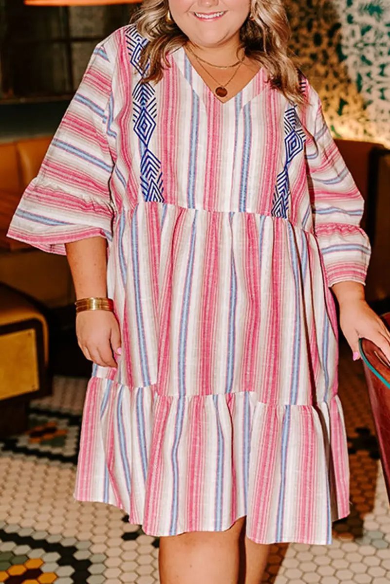 Dresses Love Salve White Stripe Dress Women's Vacation Flared V-Neck Bohemian Spring Dress