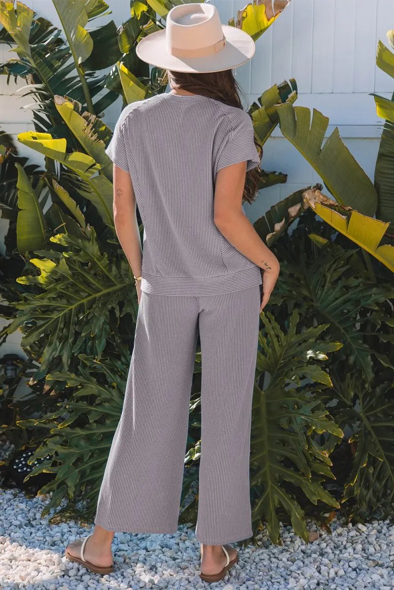 Pants Love Salve Solid Knit Set Women's Daily Wear Short Sleeve T-Shirt: Comfy & Casual