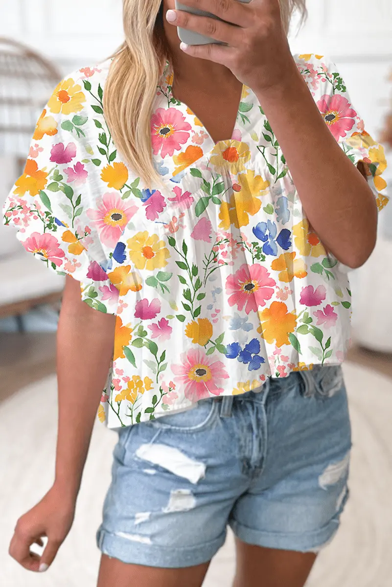 Pants Love Salve Yellow Floral Blouse Women's Daily V-Neck Ruffle Short Sleeve Top