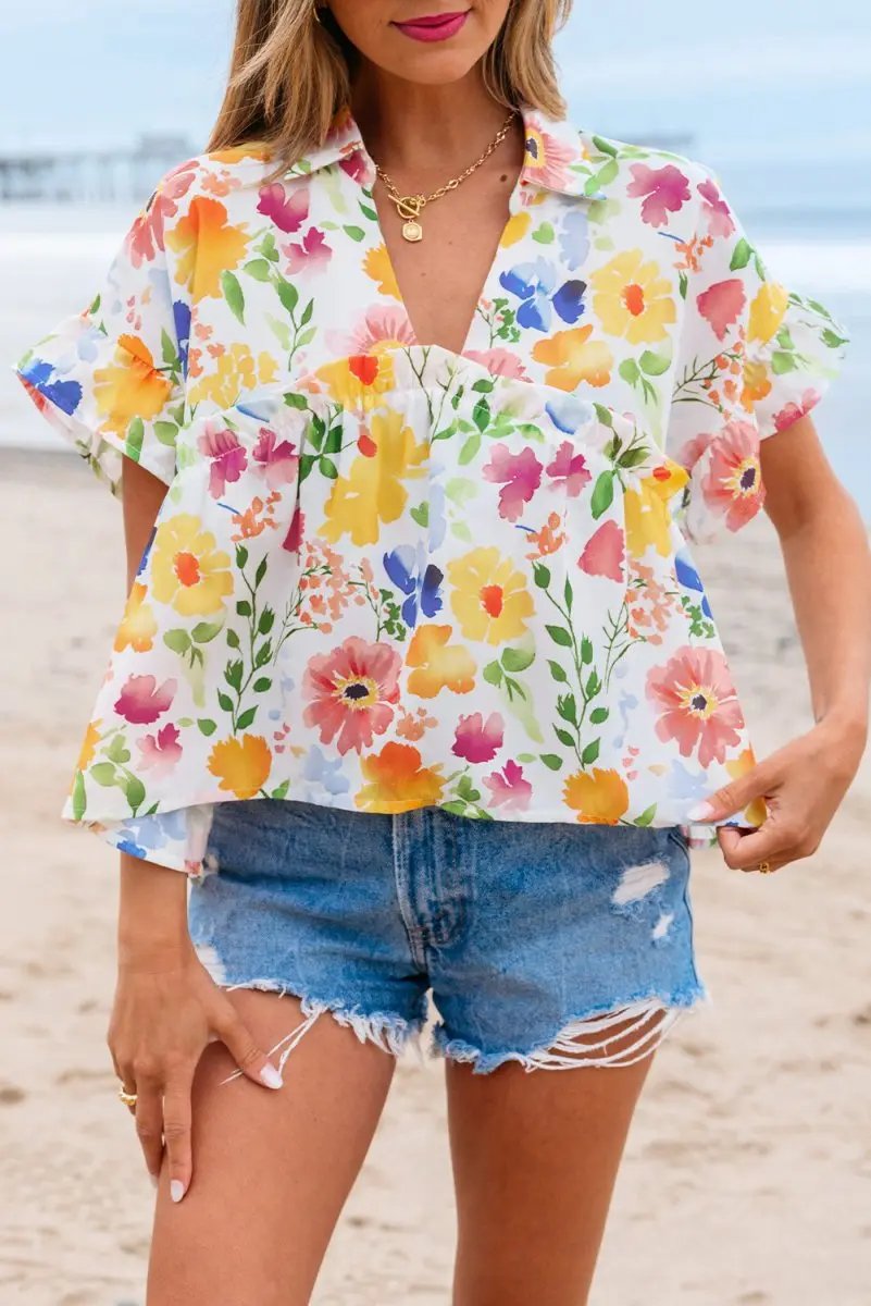 Pants Love Salve Yellow Floral Blouse Women's Daily V-Neck Ruffle Short Sleeve Top