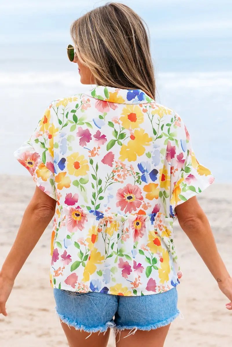 Pants Love Salve Yellow Floral Blouse Women's Daily V-Neck Ruffle Short Sleeve Top