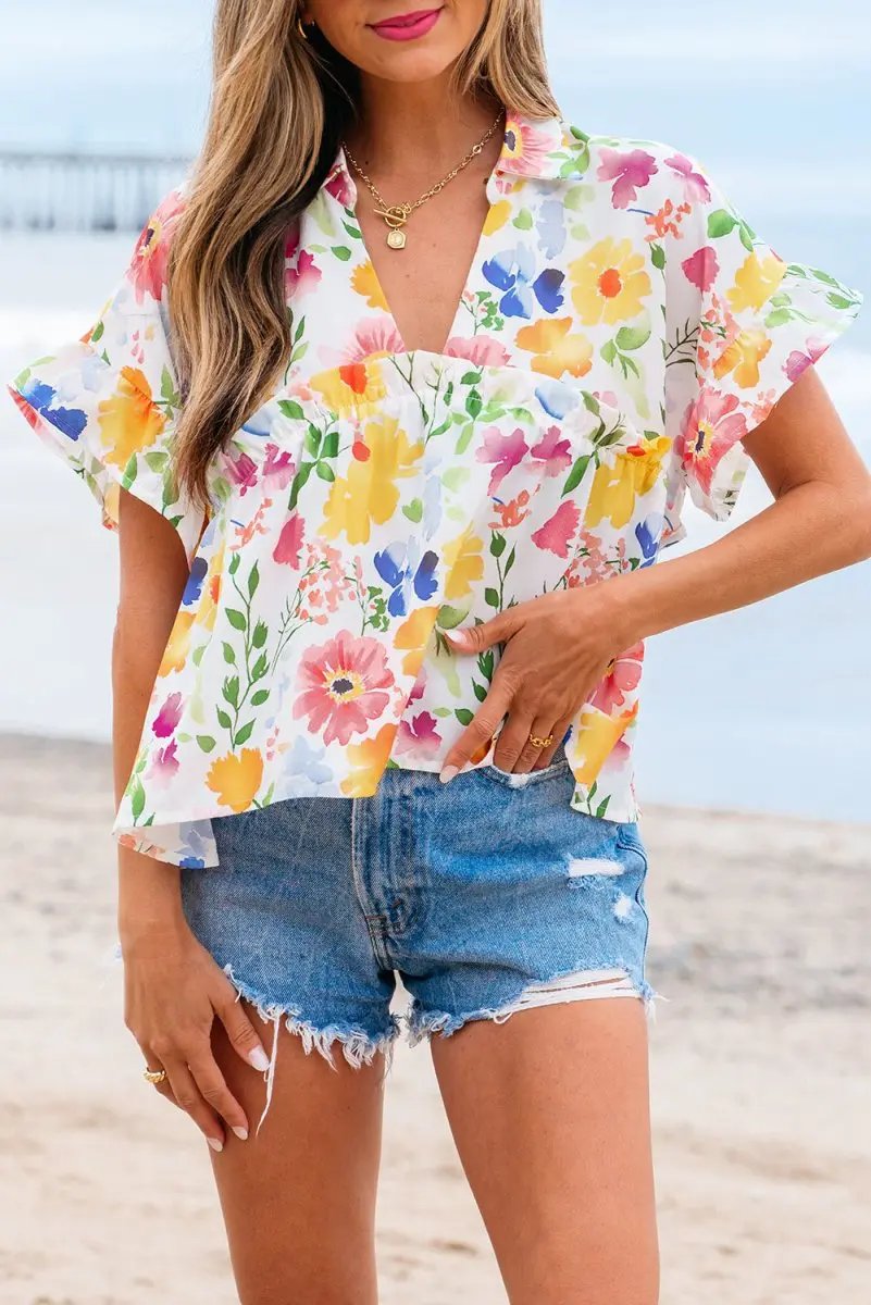 Pants Love Salve Yellow Floral Blouse Women's Daily V-Neck Ruffle Short Sleeve Top