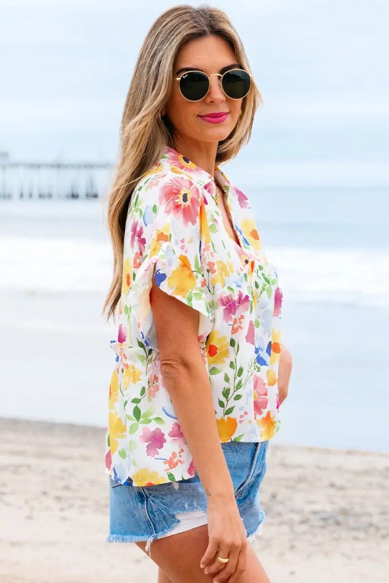 Pants Love Salve Yellow Floral Blouse Women's Daily V-Neck Ruffle Short Sleeve Top