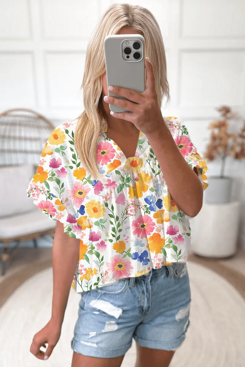 Pants Love Salve Yellow Floral Blouse Women's Daily V-Neck Ruffle Short Sleeve Top