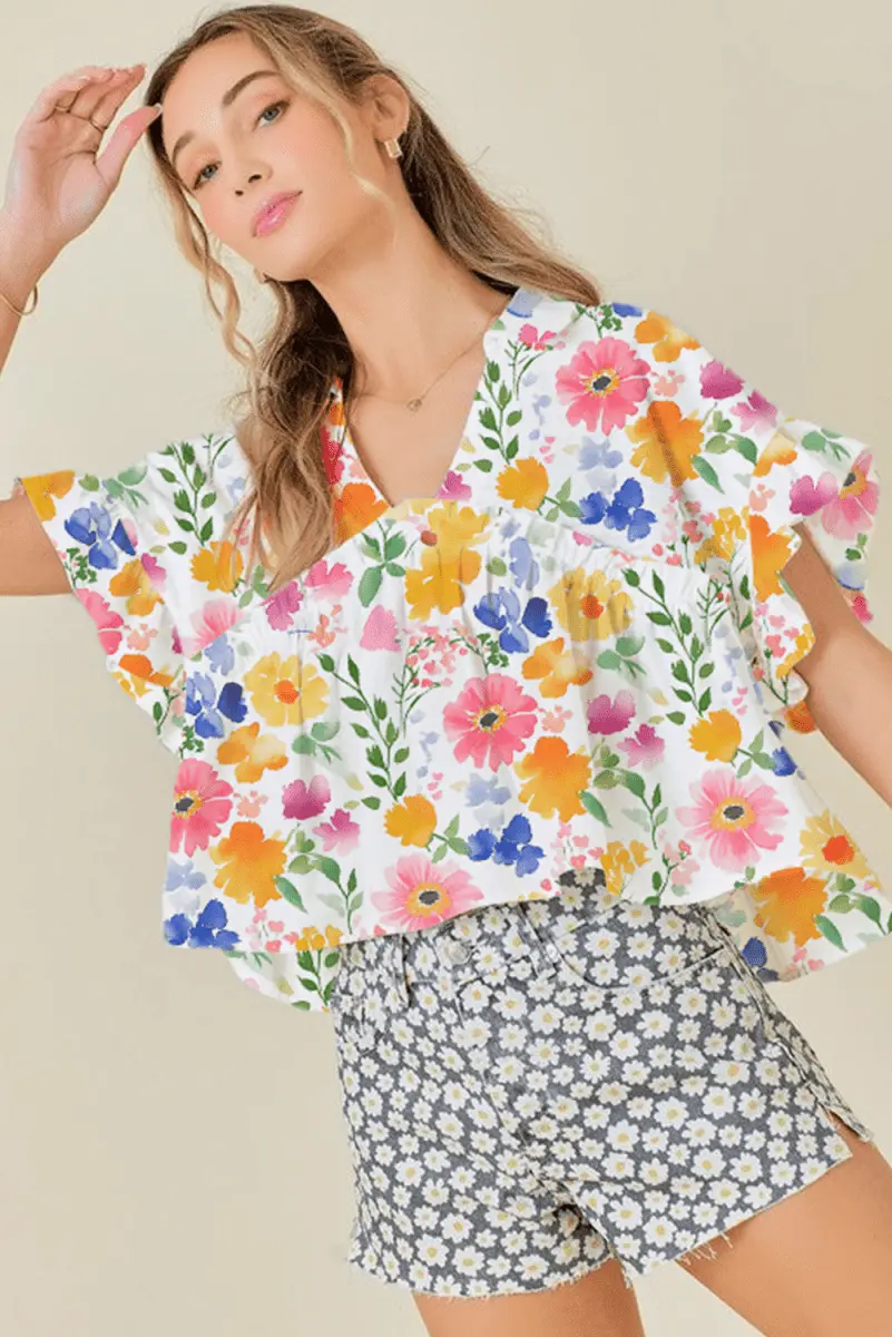 Pants Love Salve Yellow Floral Blouse Women's Daily V-Neck Ruffle Short Sleeve Top