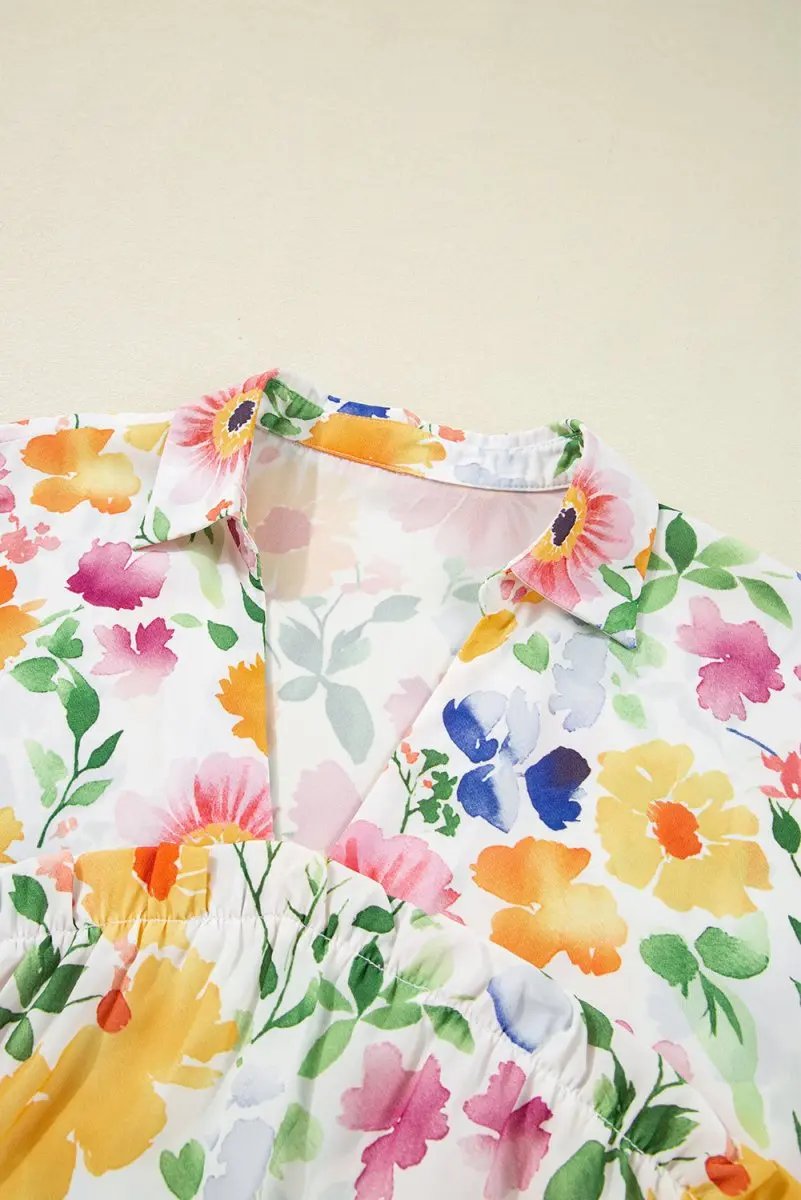 Pants Love Salve Yellow Floral Blouse Women's Daily V-Neck Ruffle Short Sleeve Top