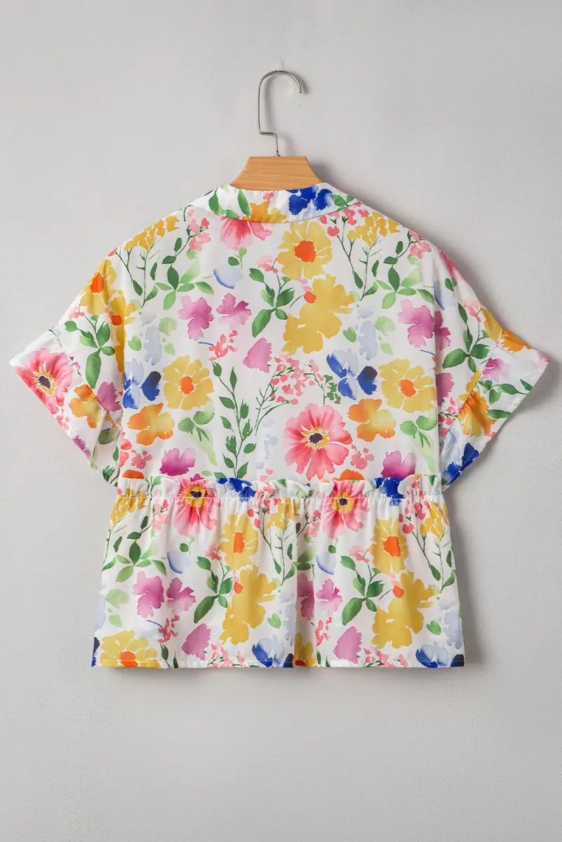 Pants Love Salve Yellow Floral Blouse Women's Daily V-Neck Ruffle Short Sleeve Top
