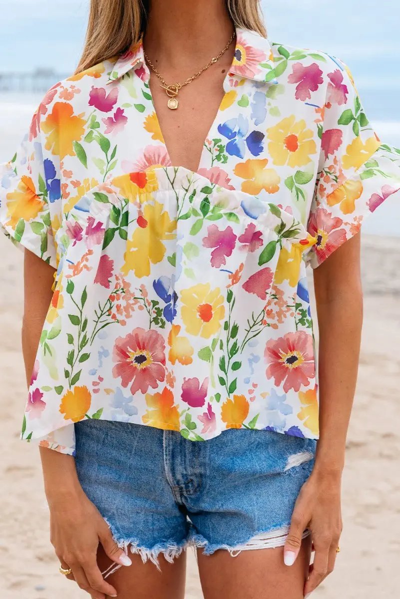 Pants Love Salve Yellow Floral Blouse Women's Daily V-Neck Ruffle Short Sleeve Top