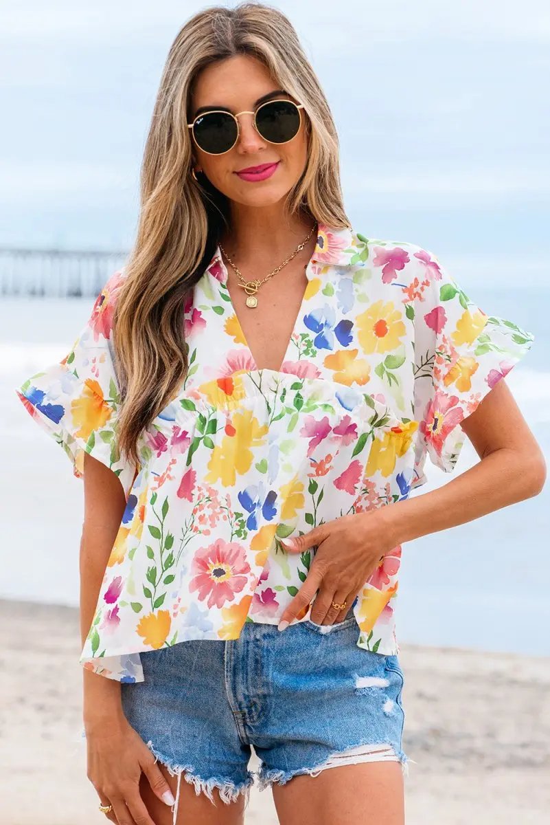 Pants Love Salve Yellow Floral Blouse Women's Daily V-Neck Ruffle Short Sleeve Top