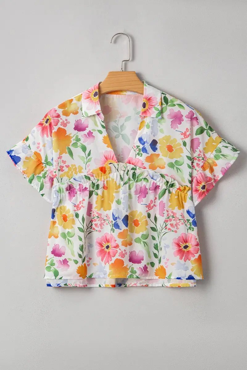Pants Love Salve Yellow Floral Blouse Women's Daily V-Neck Ruffle Short Sleeve Top