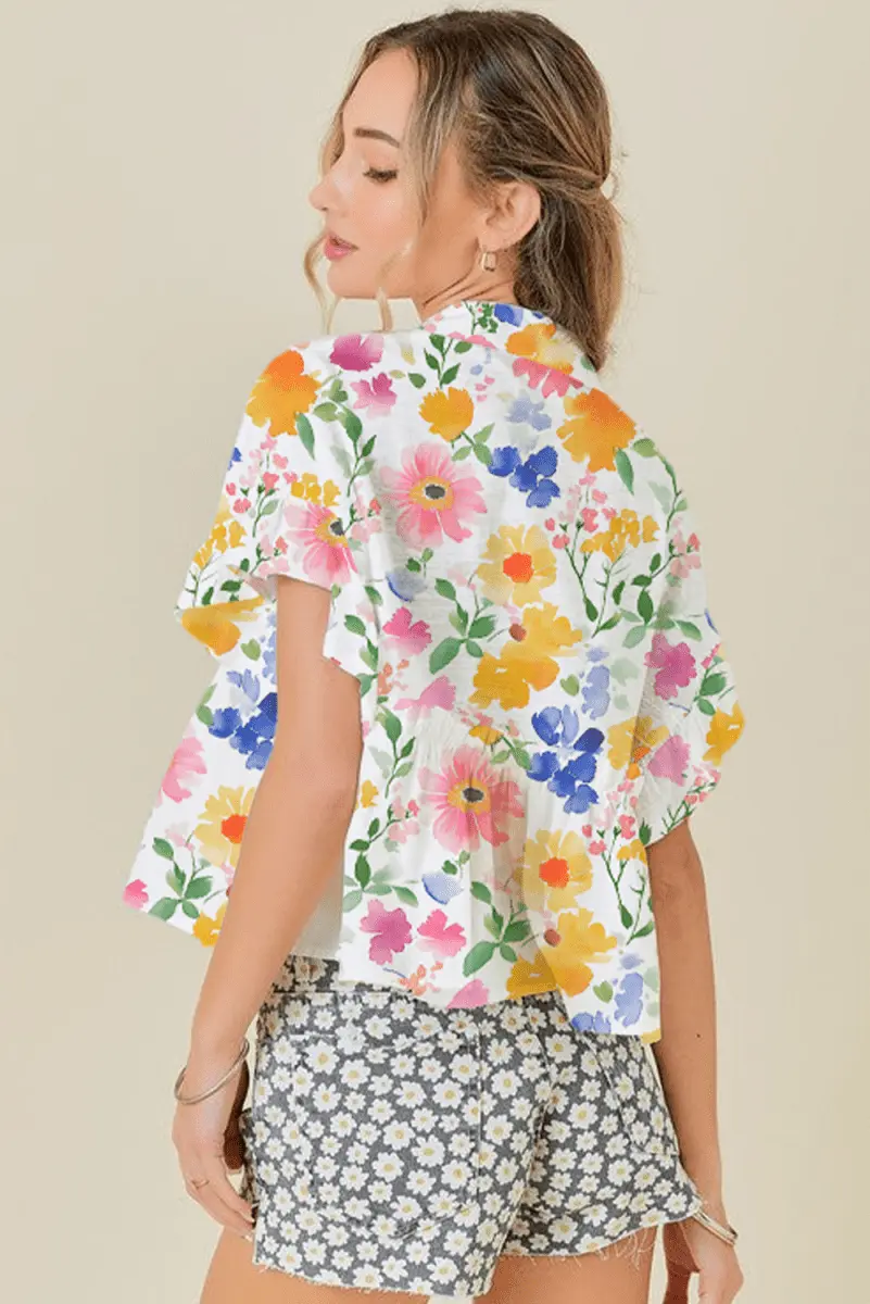 Pants Love Salve Yellow Floral Blouse Women's Daily V-Neck Ruffle Short Sleeve Top