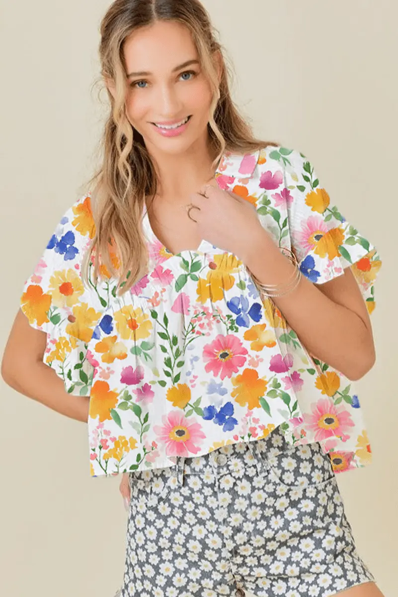 Pants Love Salve Yellow Floral Blouse Women's Daily V-Neck Ruffle Short Sleeve Top