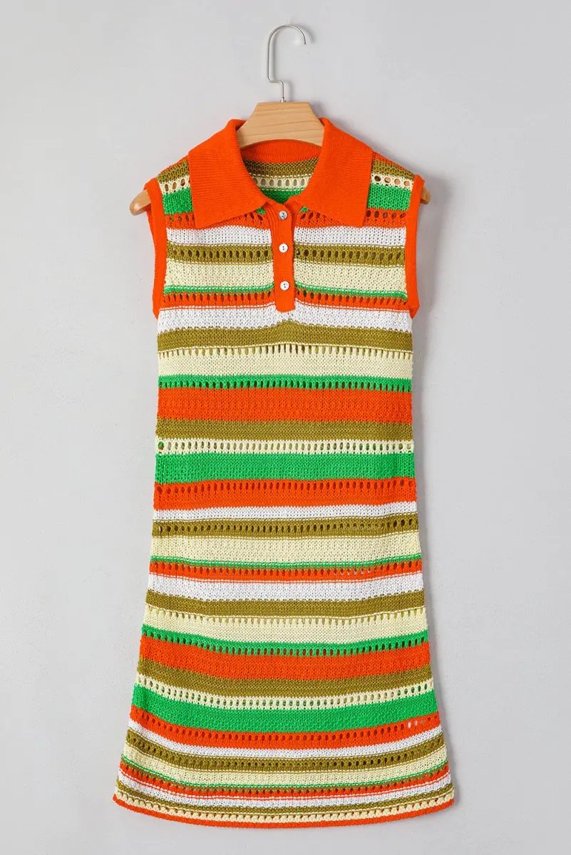 Sweaters Love Salve Yellow Stripe Knit Dress Women's Daily Summer Casual: Buttoned & Split Neck