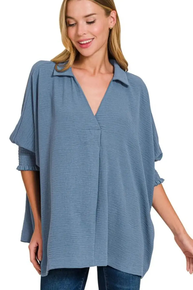 Pants Trendsi Airflow Tee Women's Casual Top Smocked Sleeve Lightweight Shirt