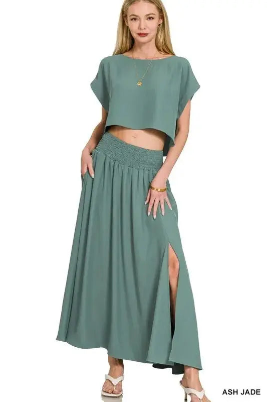 Women's Two Piece Set Woven Crop Set - Cropped Top & Shorts - Casual Two Piece Outfit