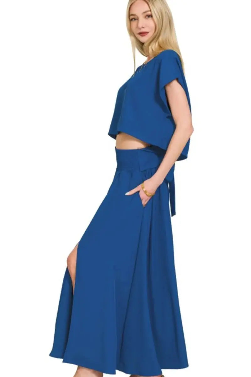 Women's Two Piece Outfit Woven Crop Set - Casual - Two Piece Outfit