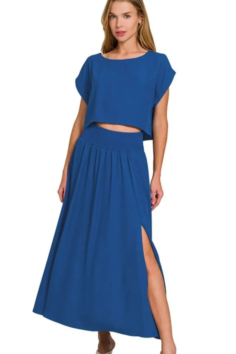 Women's Two Piece Outfit Woven Crop Set - Casual - Two Piece Outfit